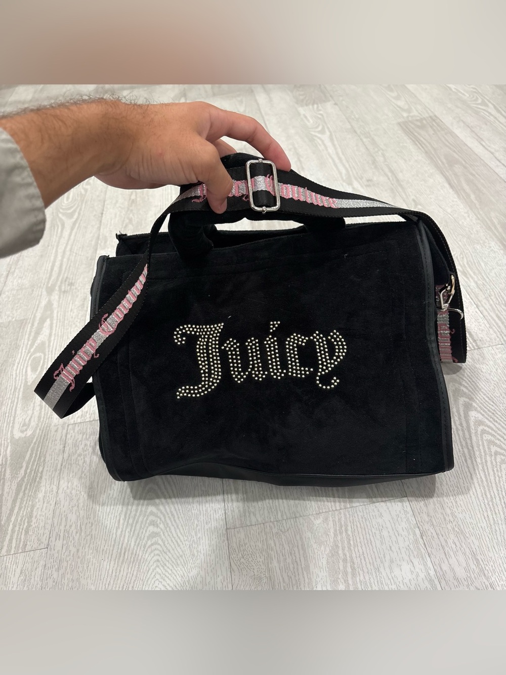 Juicy Couture Black Velour Rhinestone Logo Tote / Shoulder Bag
